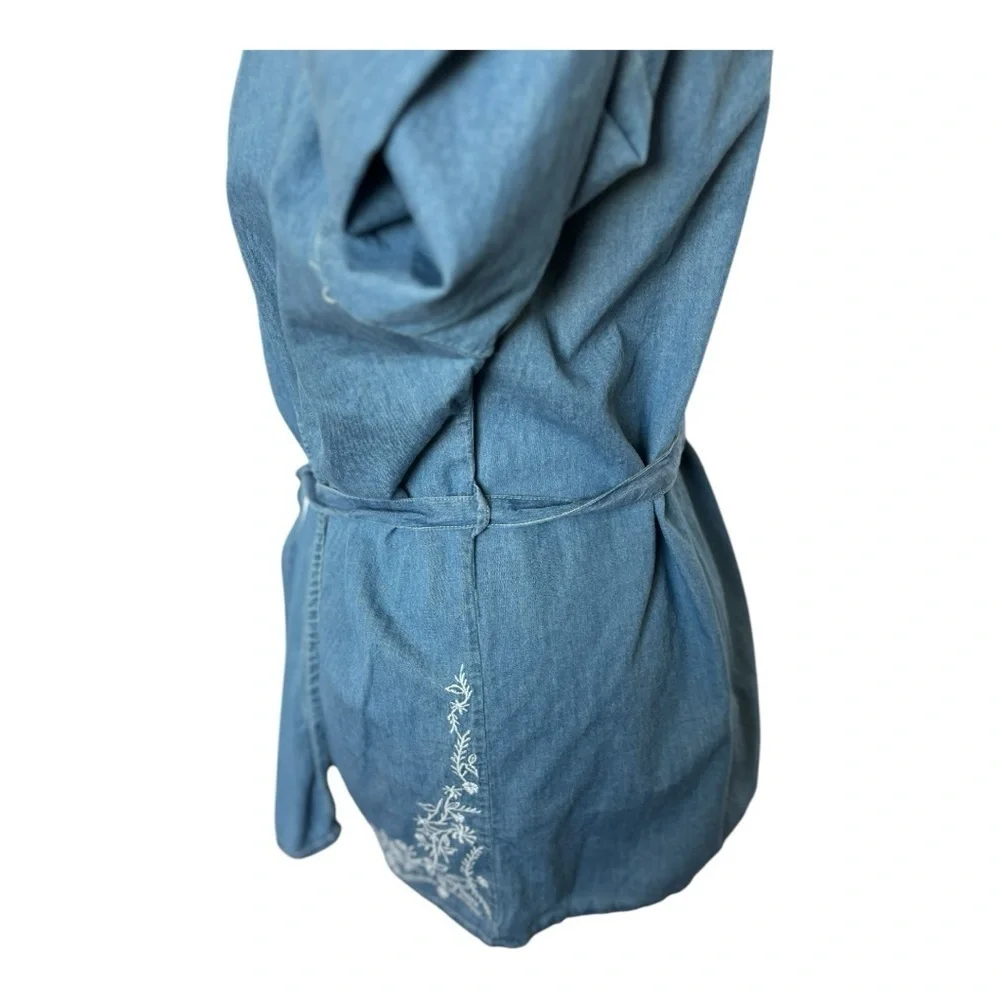 Coldwater Creek Blue Denim Kimono Wrap Top with White Embroidery Sz XL - Picture 7 of 12